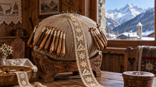 Encaje de Cogne sobre su cojín circular ante las montañas del Gran Paradiso