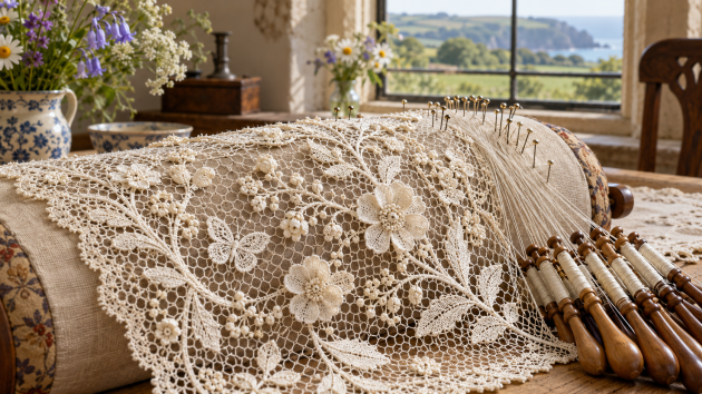 Encaje de Honiton con flores y motivos separados trabajados con bolillos