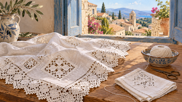 Encaje blanco de Lefkara sobre lino junto a un paisaje mediterráneo