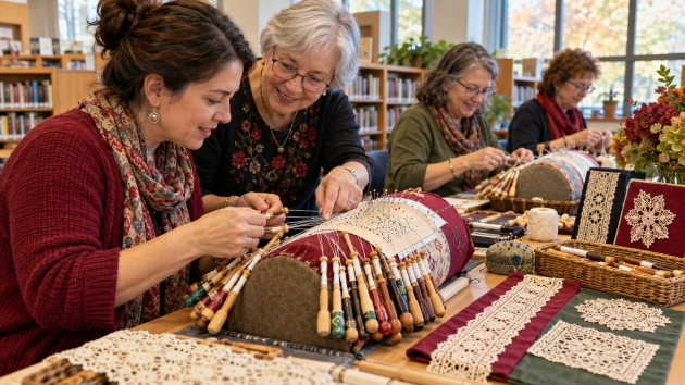 Demostración comunitaria de encaje de bolillos en una biblioteca de Nueva Jersey