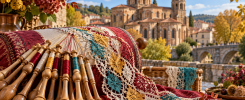 Encaje Cluny de colores ante la basílica de Brioude en otoño