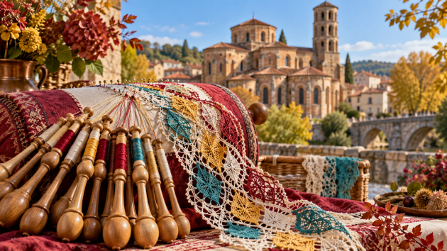 Encaje Cluny de colores ante la basílica de Brioude en otoño