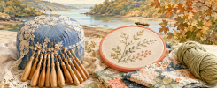 Ilustración generada de bolillos, bordado y patchwork junto a un paisaje fluvial gallego