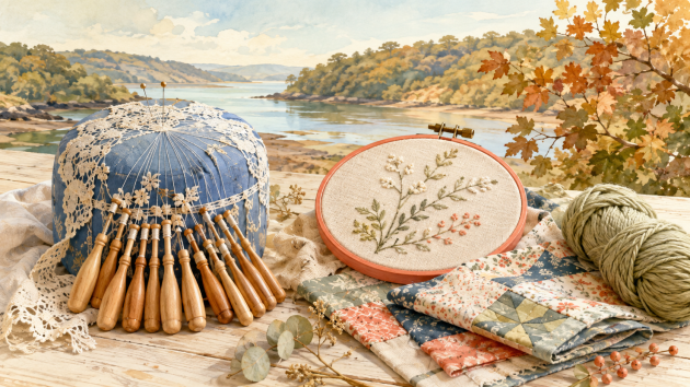 Ilustración generada de bolillos, bordado y patchwork junto a un paisaje fluvial gallego