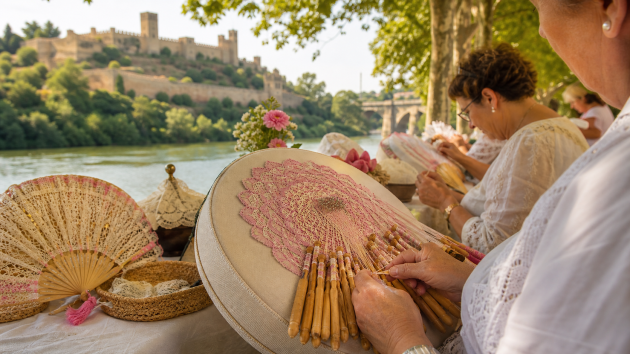 Encajeras trabajando con bolillos junto al río Guadaíra y el castillo de Alcalá