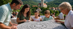 Familia contemplando una gran pieza de encaje en Lepoglava, Croacia