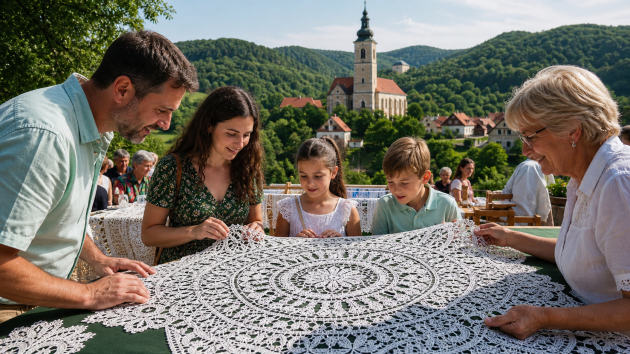 Familia contemplando una gran pieza de encaje en Lepoglava, Croacia