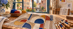 Encaje contemporáneo de colores junto a bolillos en un taller de Brujas