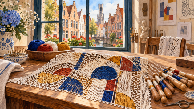 Encaje contemporáneo de colores junto a bolillos en un taller de Brujas