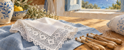 Pañuelo de encaje blanco y bolillos junto a una ventana abierta al mar