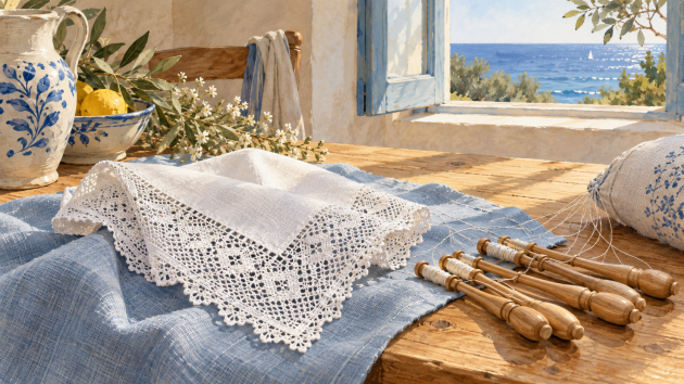 Pañuelo de encaje blanco y bolillos junto a una ventana abierta al mar