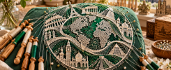 Encaje contemporáneo con un mapa del mundo y monumentos tejido con bolillos