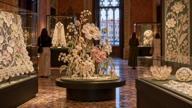 Exposición de encaje inspirada en flores y naturaleza en un palacio veneciano