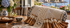 Mesa de encaje de bolillos con flores y paisaje costero de Hondarribia