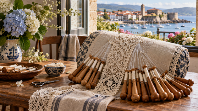 Mesa de encaje de bolillos con flores y paisaje costero de Hondarribia