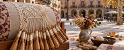 Cojín de encaje de bolillos ante la Plaza Mayor de Soria en otoño