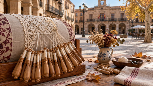 Cojín de encaje de bolillos ante la Plaza Mayor de Soria en otoño