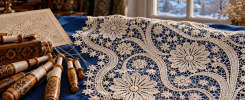 Encaje blanco de Yelets con flores y tallos sobre tela azul