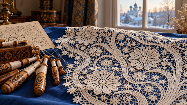 Encaje blanco de Yelets con flores y tallos sobre tela azul